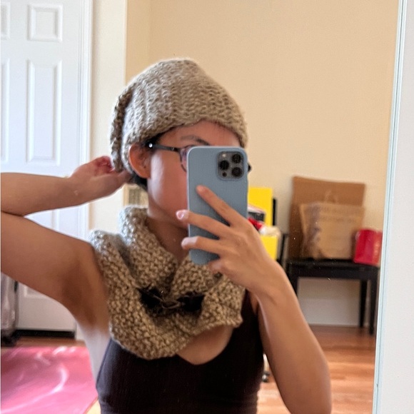 Cozy winter hat & scarf set handmade Turkish designer with leather Etsy mocha - Picture 1 of 3